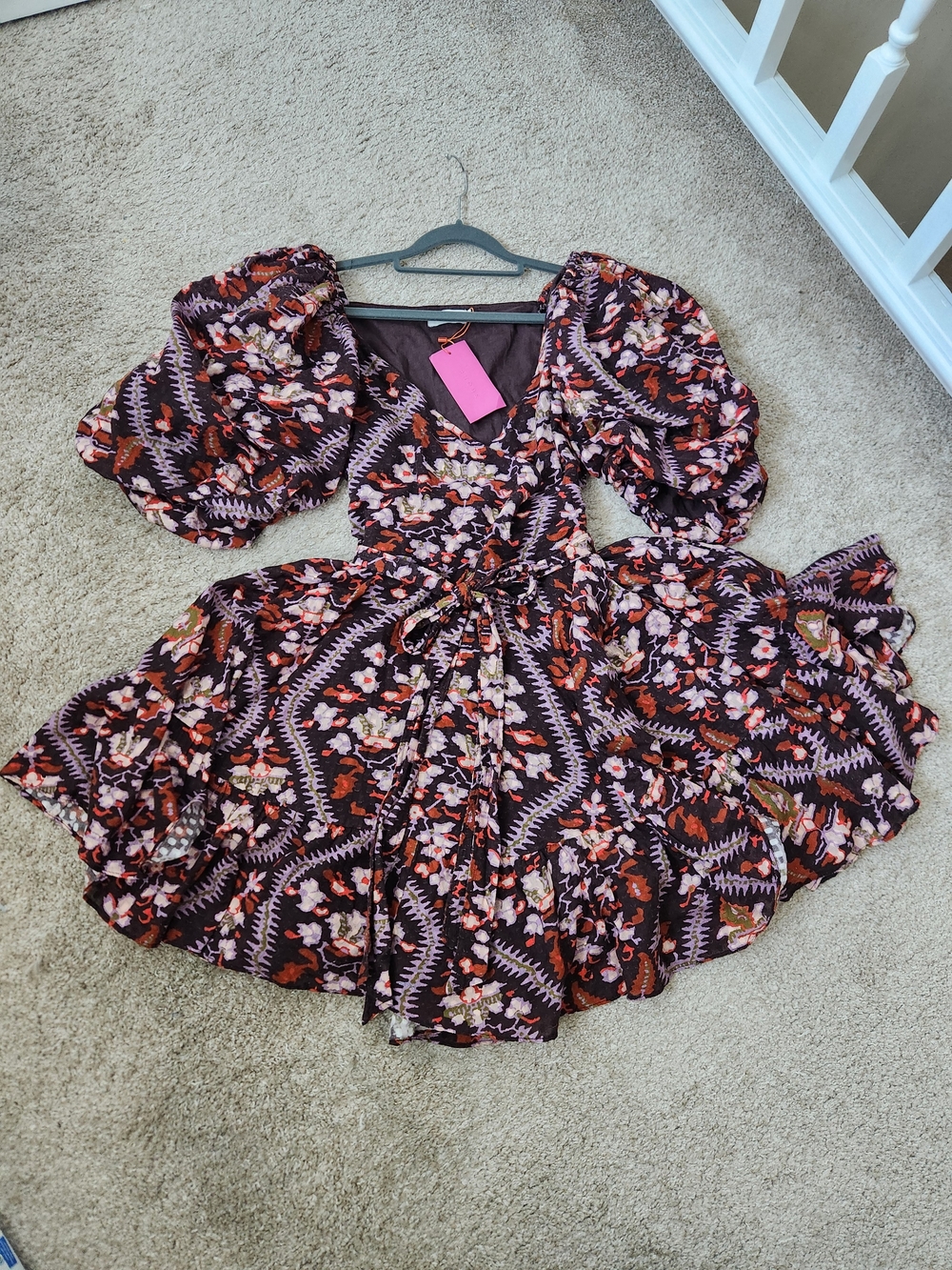 RHODE Burgundy Floral Puff-Sleeve Mini Dress with Pink and Orange Accents